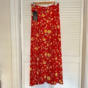 Reformation Vintage Long Red Floral Pattern Skirt